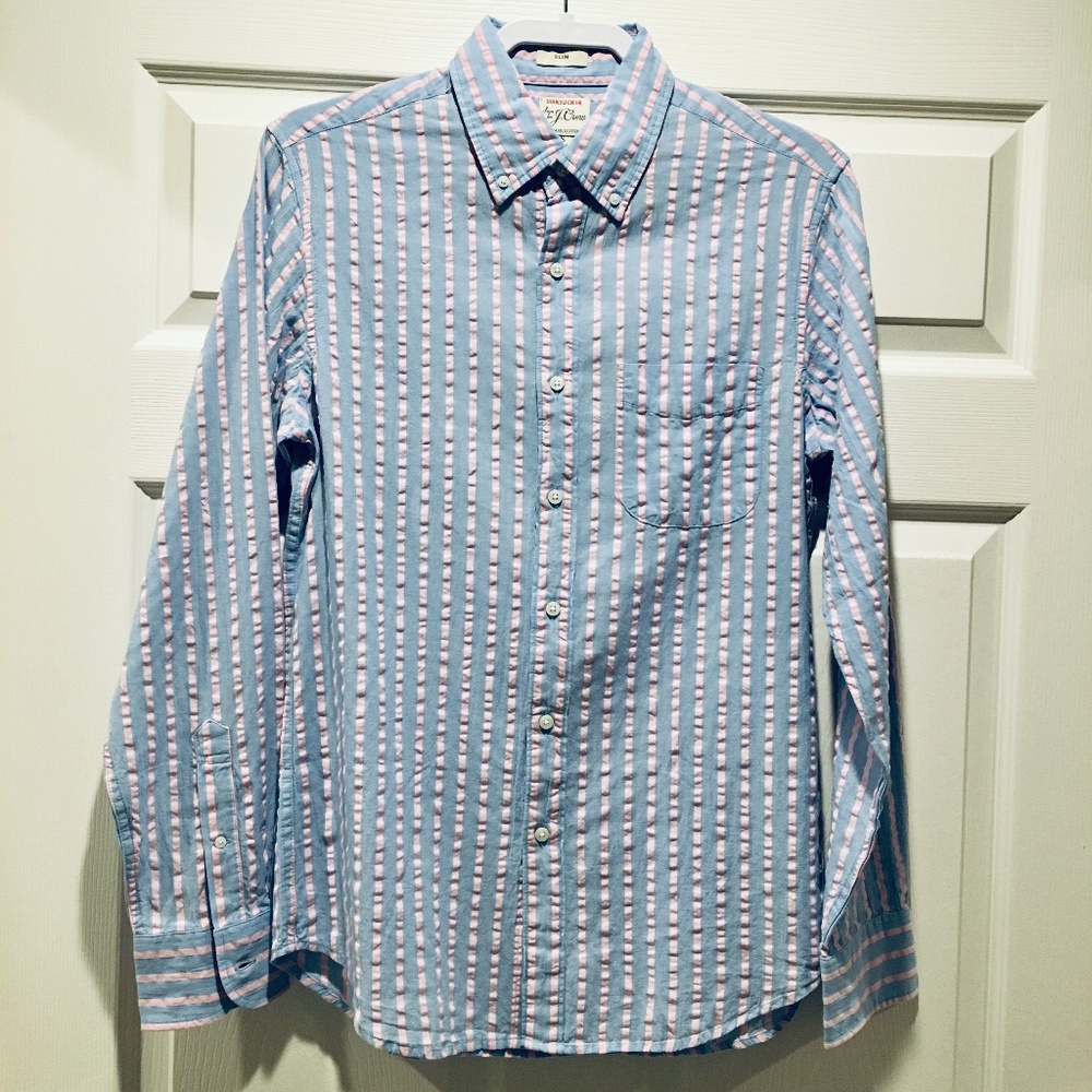 J.Crew Seersucker Stripe Small Slim Button Up Shirt Organic Cotton